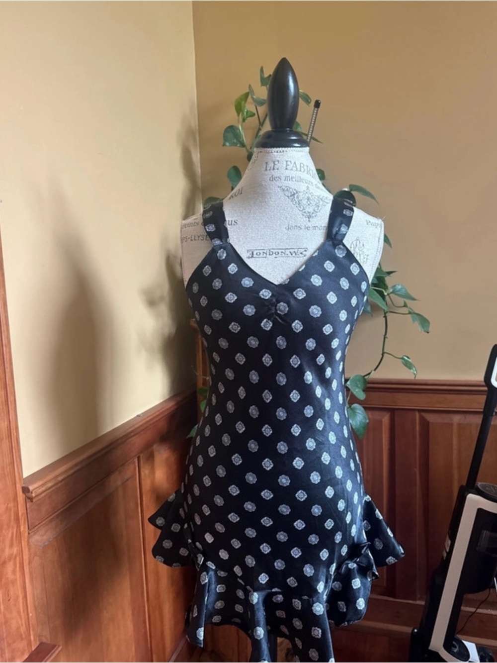 Body Glove Black and White Polka Dot Satin Chemise Slip